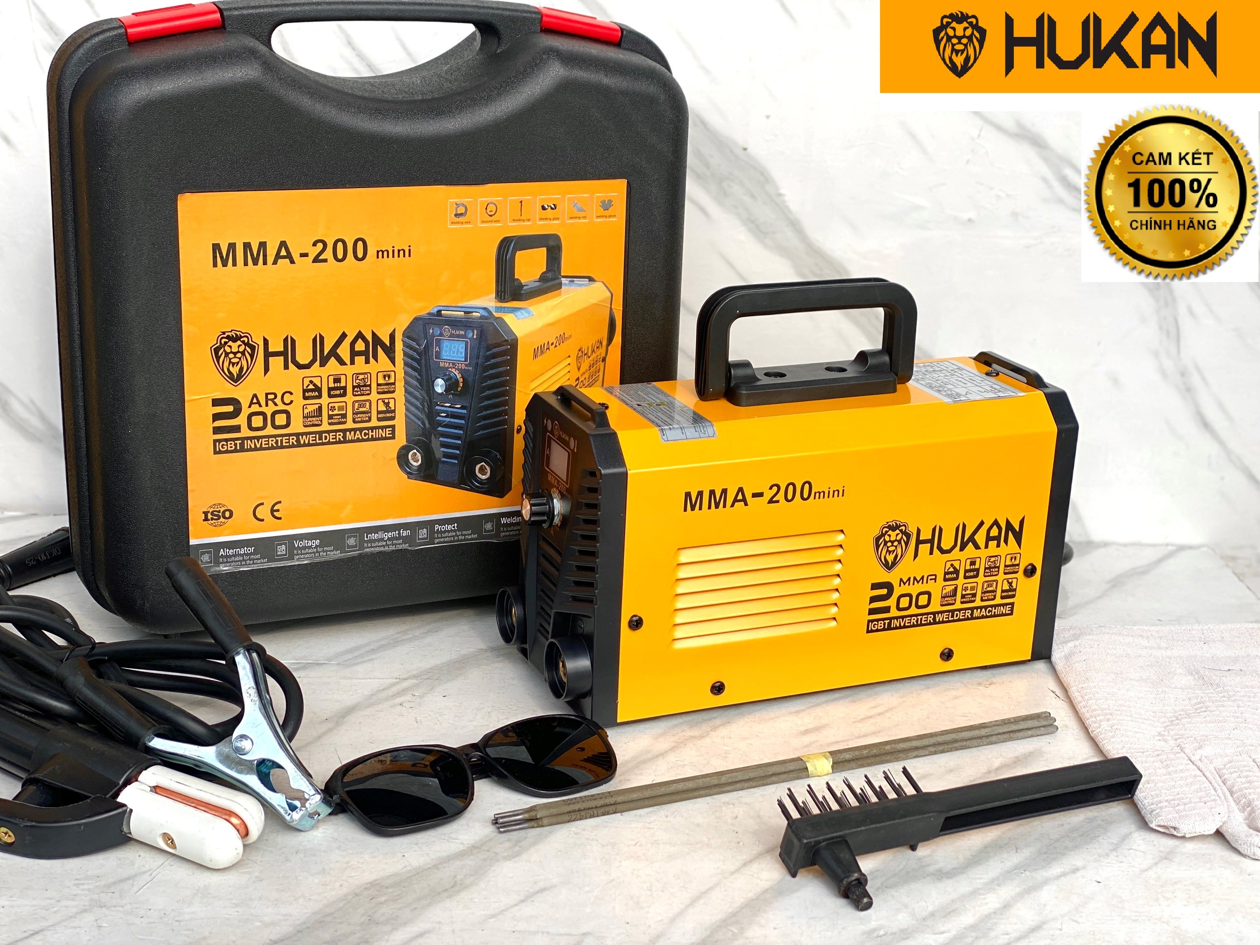 Máy hàn điện tử Hukan mma 200 mini tặng kèm phụ kiện que hàn valy siêu tiện lơi