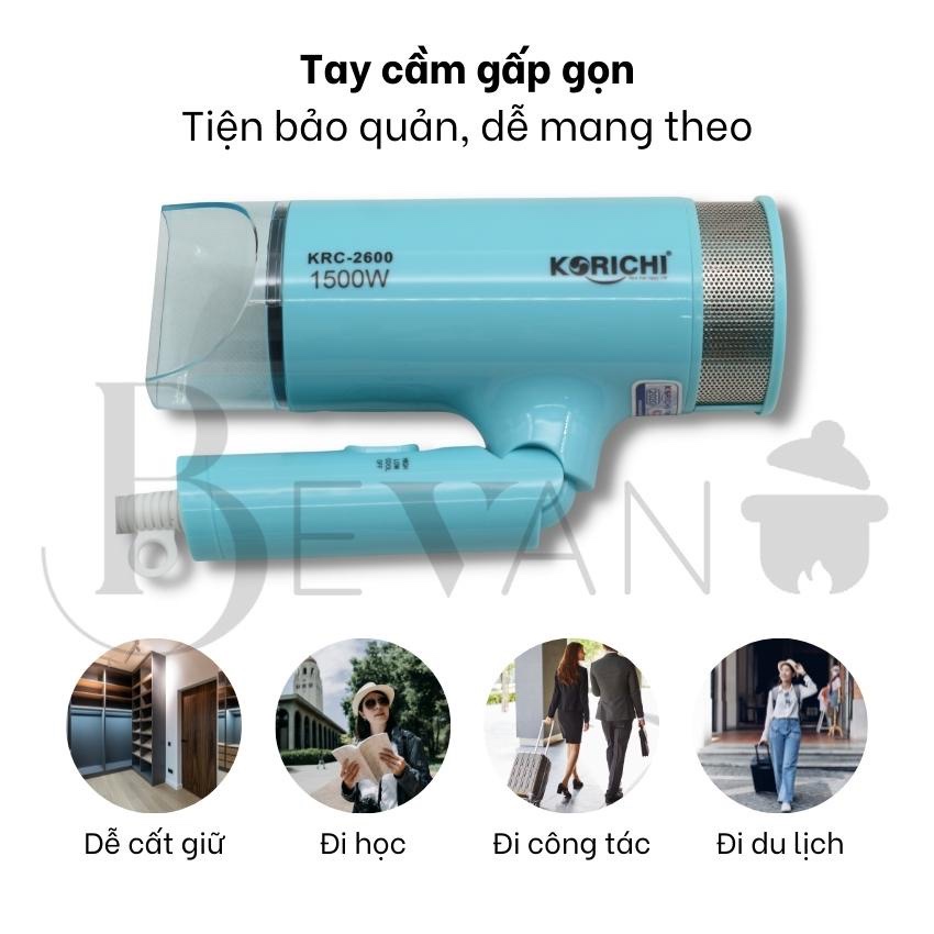 Máy sấy tóc mini công suất lớn 1500W Korichi KRC-2600 với 3 chế độ tiện lợi máy sấy phân phối nhiệt đều (Mã SP: 4005_114940660)