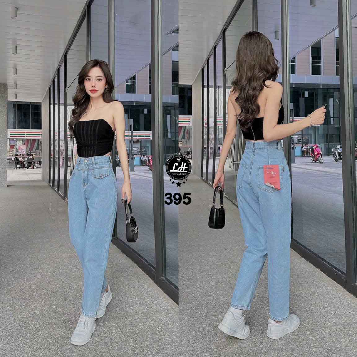 Quần baggy jean nữ màu xanh cạp cao lưng cách điệu túi nắp Lê Huy Fashion MS 395 (Mã SP: 19_115026500)