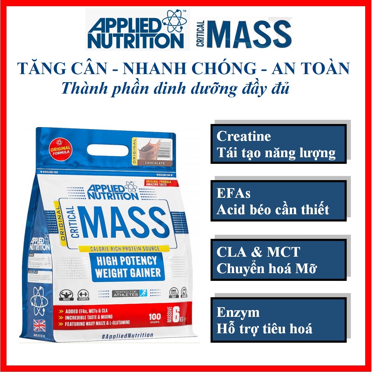 Applied Nutrition Original Critical Mass 6kg [Chính hãng]- Sữa tăng cân, tăng Cơ cho người gầy mạnh mẽ, thành phần an toàn (Mã SP: 160)