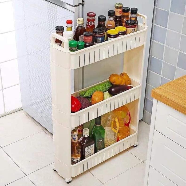 GIÁ KỆ ĐỂ GIA VỊ NHÀ BẾP, ĐỒ DÙNG PHÒNG TẮM KHE HẸP TIẾT KIỆM KHÔNG GIAN TỐI ĐA THIẾT KẾ 3 TẦNG CÓ BÁNH XE ĐẨY DI ĐỘNG (Mã SP: giavi3t)