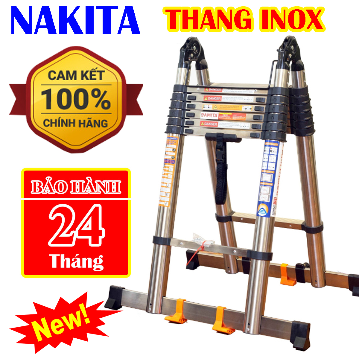 Thang rút inox chữ a 2,5m - 2,8m - 3,2m nakita duỗi thẳng 5m - 5,6m - 6,4m thanh ngang có 8 đế cao su chắc chắn. bảo hành: 2 năm