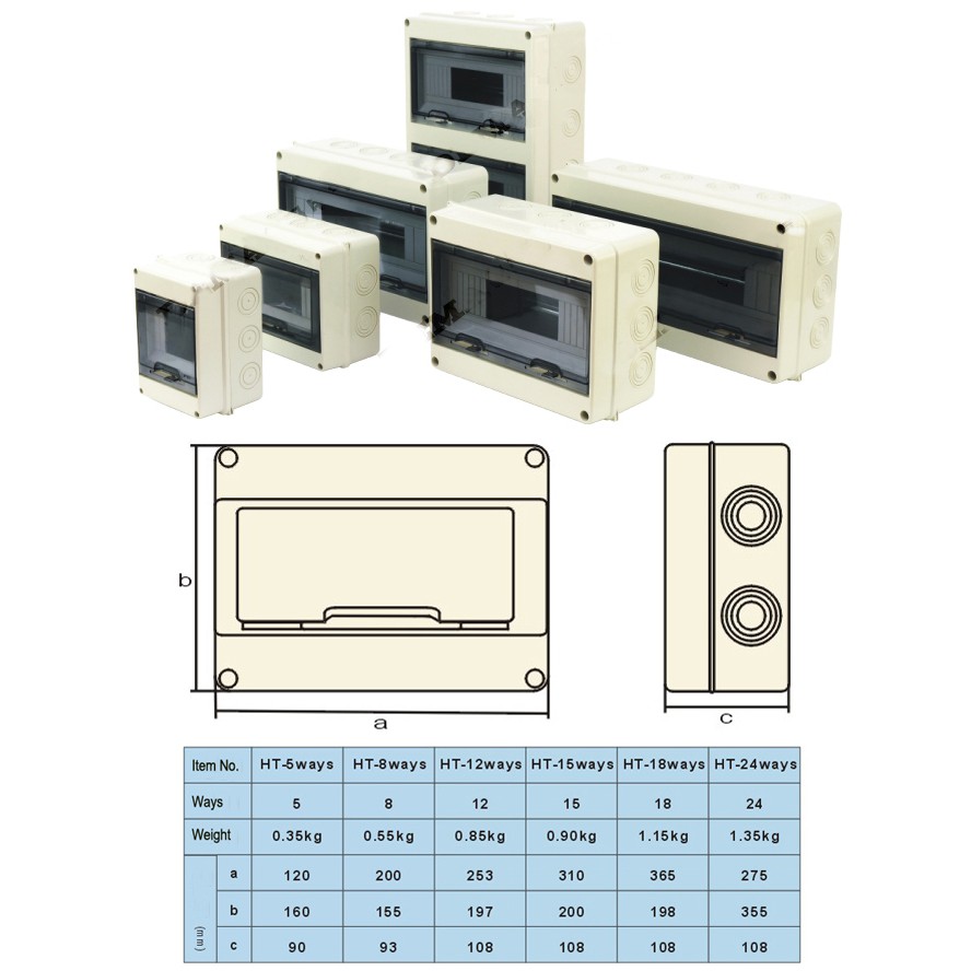 Tủ điện nổi nhựa gắn CB ngoài trời chống nước, chống cháy, chống bụi HT 2,3,5, 8,12,15,18, 24 way ( Đường) Ip65 (Mã SP: TDHT)