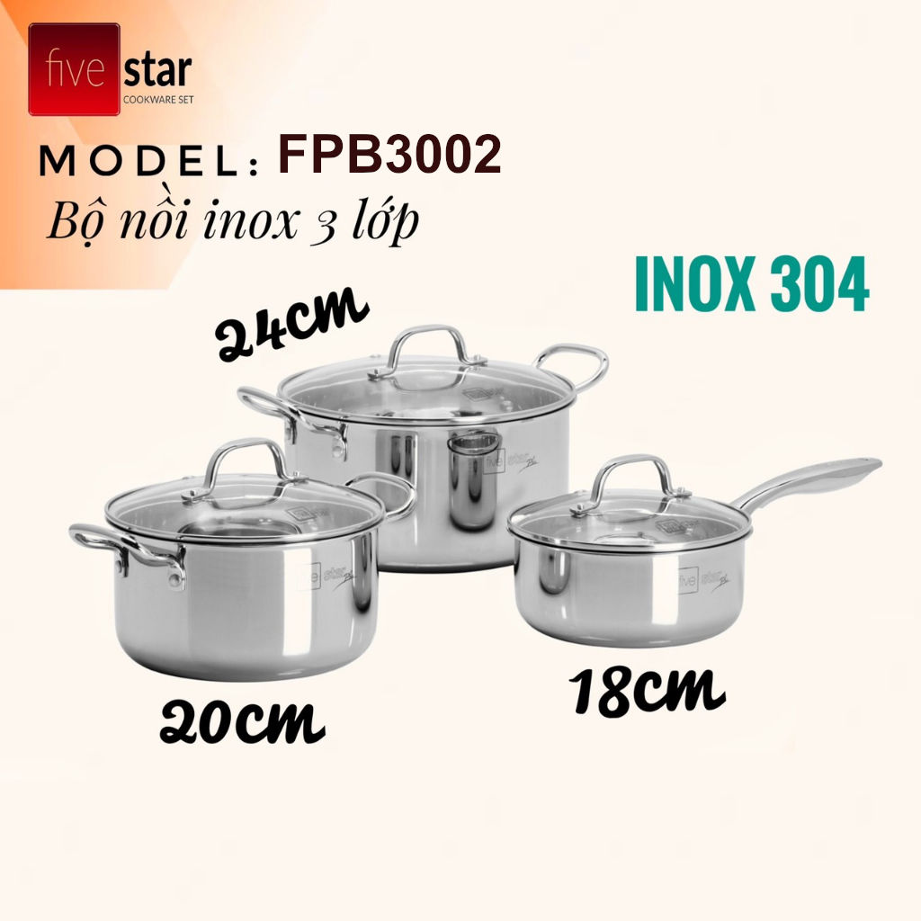 Bộ nồi inox 304 đúc liền khối fivestar plus fpb3002 , bảo hành 25 năm
