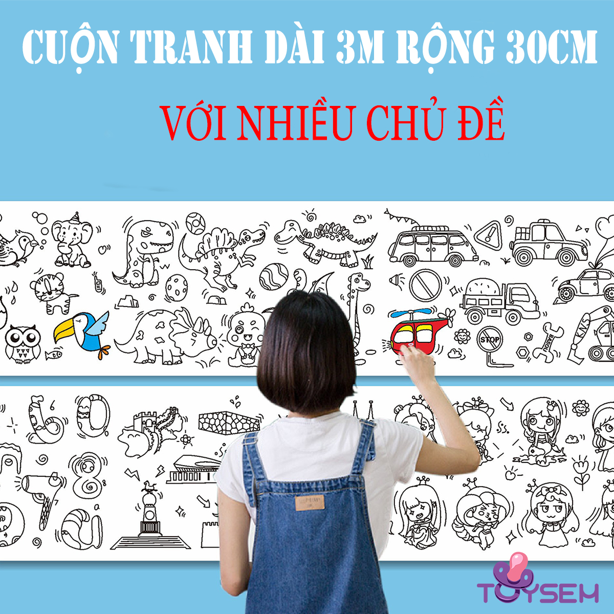 Đồ chơi tô màu với cuộn tranh giấy nhiều chủ đề dài 3m rộng 30cm cho bé vui chơi cả ngày - Quà tặng sinh nhật (Mã SP: DCTRAHTO3M)