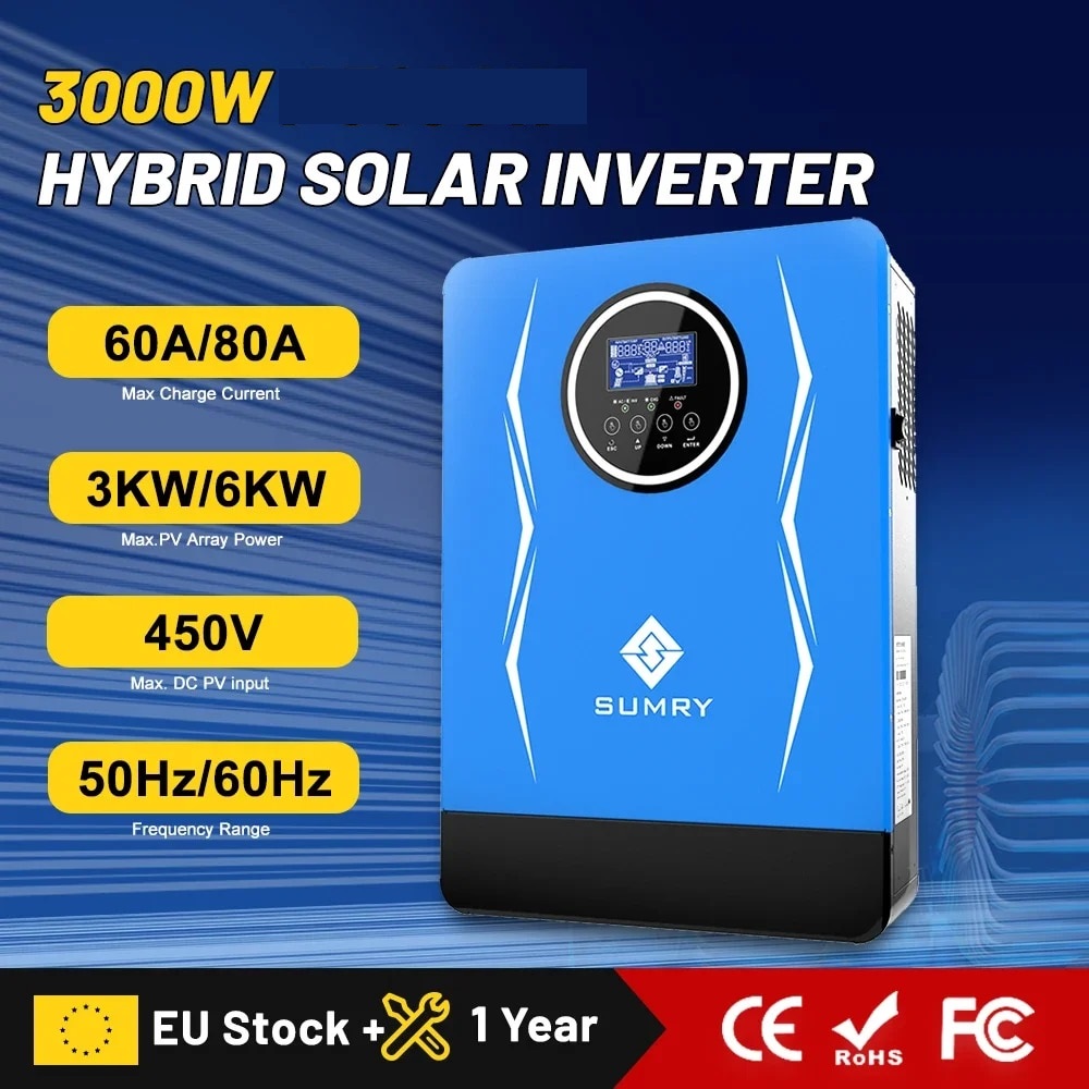 SUMRY Hybrid Inverter 3KW 24V AC220-240V 80A MPPT PV 55V-450V- Biến tần năng lượng sóng sin chuẩn 3200VA/3000W (Mã SP: 3KW-SUMRY-Hybrid)