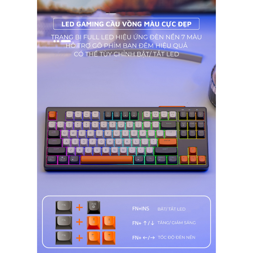 Bàn phím bluetooth cho laptop có đèn full led 7 màu giả cơ M87 pin sạc cao cấp (Mã SP: M87.)