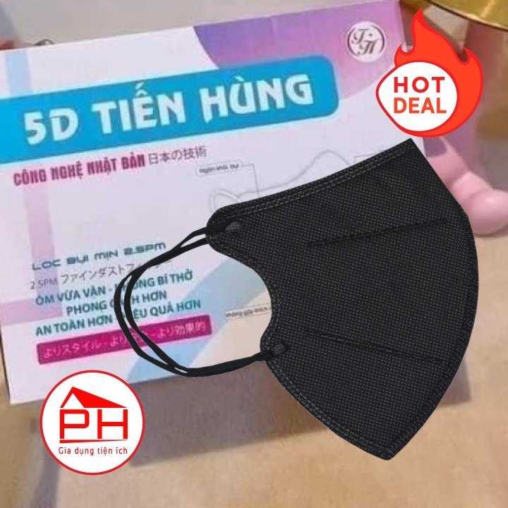 (CHÍNH HÃNG) Hộp 100 Khẩu trang 5D Mask Tiến Hùng (Màu đen) 3 lớp kháng khuẩn lọc bụi mịn công nghệ Nhật Bản (Mã SP: TMDT00504)