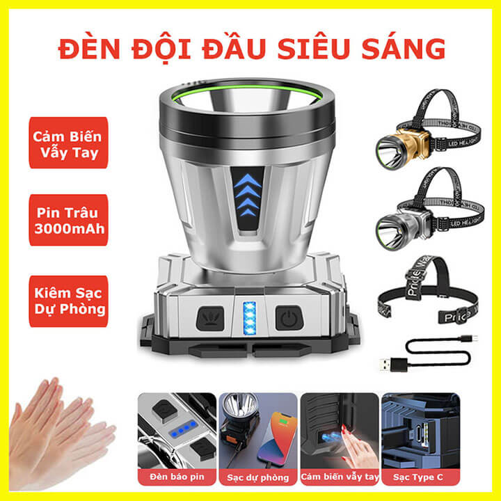 Đèn pin siêu sáng đội đầu 1 bóng Led chiếu xa 200m, đèn đội đầu đeo trán cảm biến vẫy tay, pin trâu 3000mAh, chống nước (Mã SP: HĐ639)