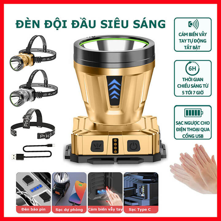 Đèn pin đội đầu cảm biến 1 bóng siêu sáng chiếu xa 200m, đèn đội đầu đeo trán 3 chế độ, pin trâu 3000mAh, chống nước IPX4 (Mã SP: HĐ467)