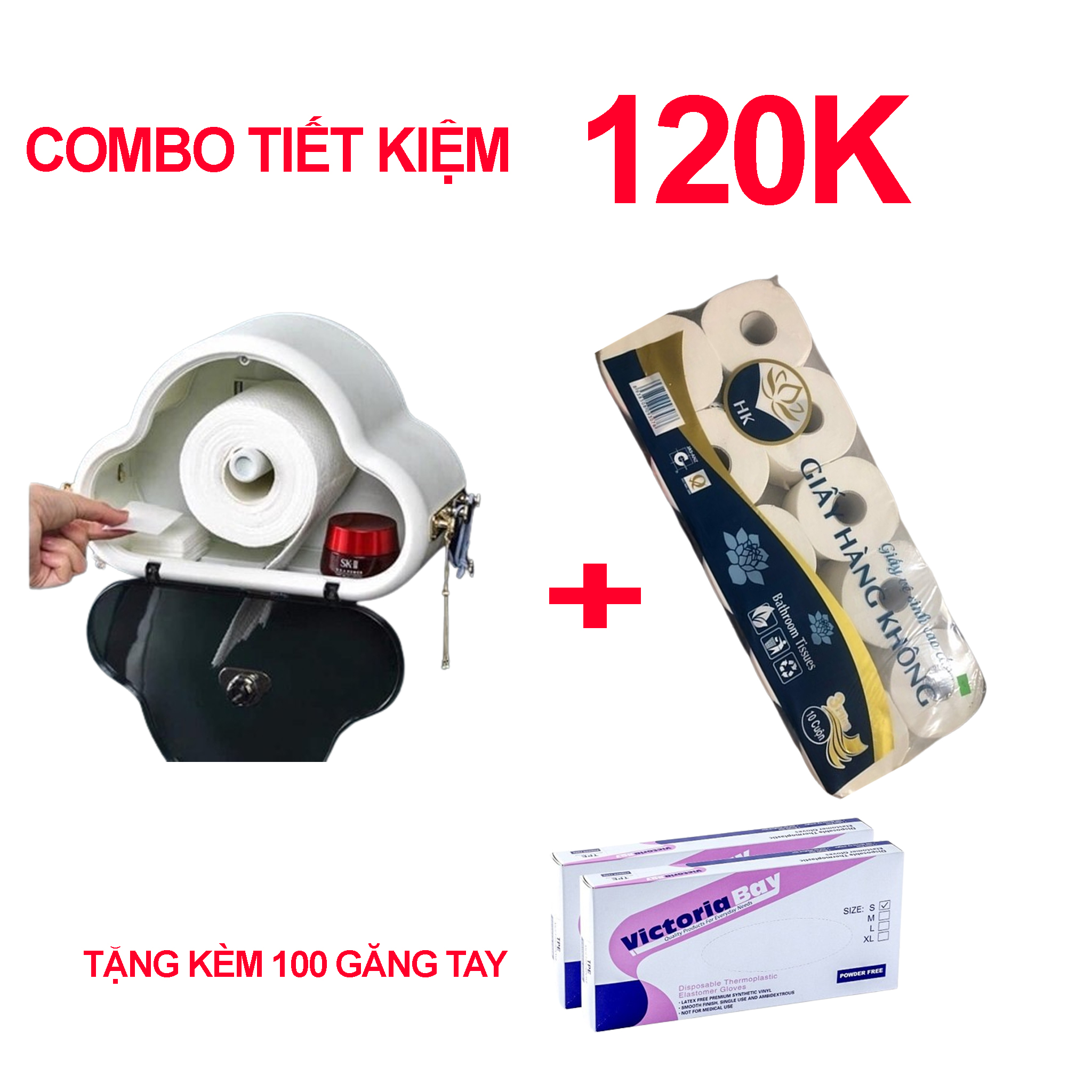 Combo 3 món tiết kiệm nhà bếp (1 bịch giấy vệ sinh+ 1 hộp gang tay siêu dai+ 1 hộp đựng giấy đa năng) (Mã SP: 4273_116215394)