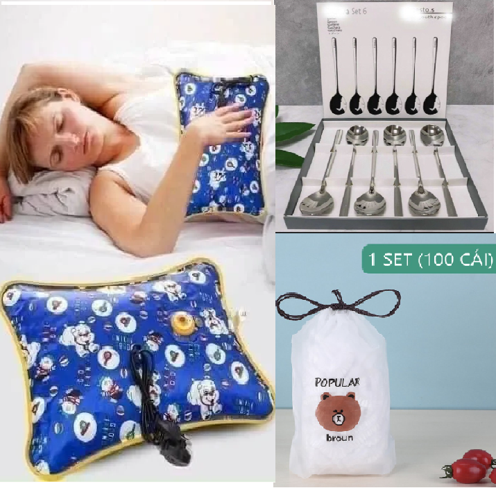Combo 3 món: túi chườm đa năng, 1 set 100 bọc thức ăn, 1 set 6 thìa inox (Mã SP: combo 3 món túic)
