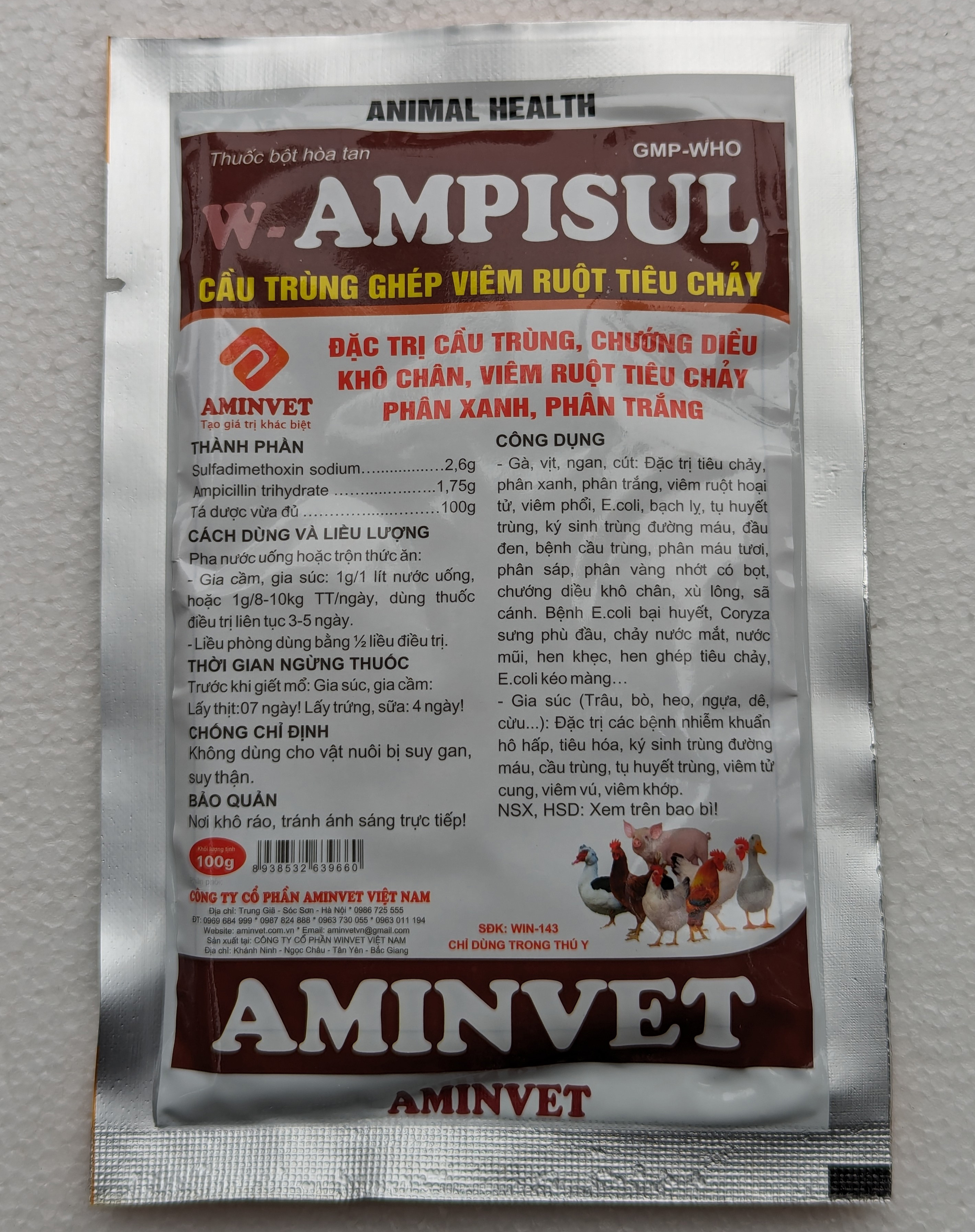Một gói AMPISUL 100g Dùng cho cầu trùng chướng diều, khô chân, viêm ruột, tiêu chảy, phân xanh, phân trắng (Mã SP: 178)