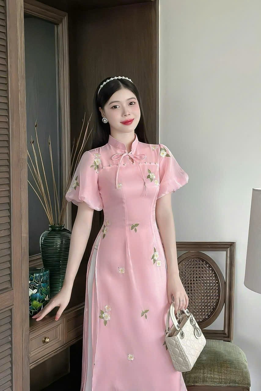 Áo dài tơ voan 2 lớp thêu hoa (Mã SP: AK2202)