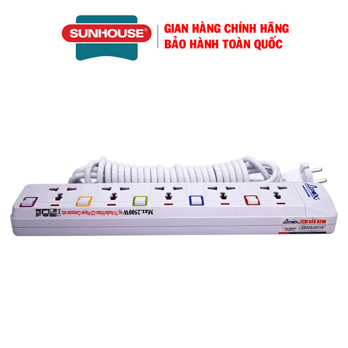 Ổ cắm điện sunhouse ape-oc2-5rd, công suất định mức 2500w, bảo hành 12 tháng