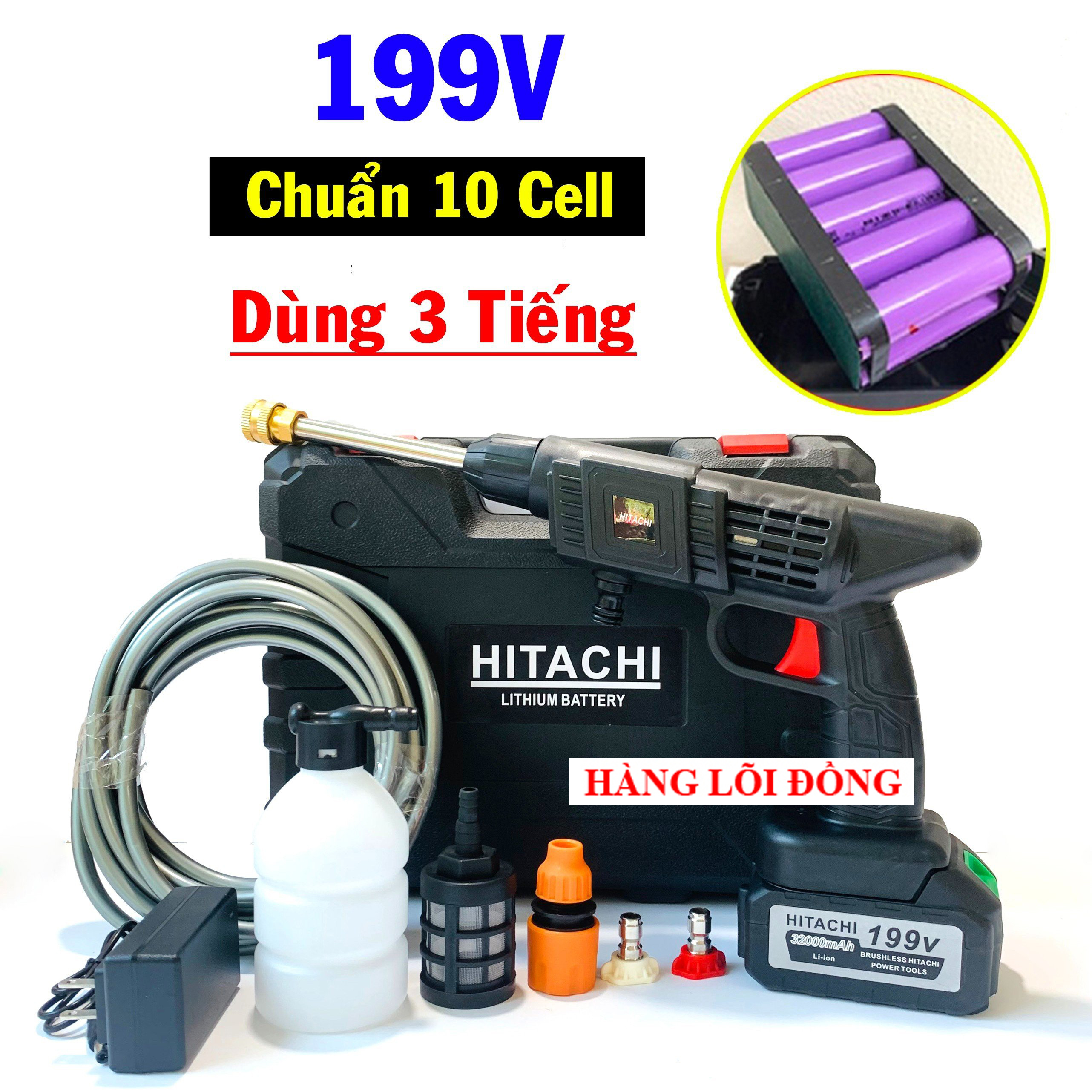 [Miễn Phí Ship 10C] Máy Xịt Rửa Xe Cầm Tay Dùng Pin Chuẩn 10 Cells 199V - Hàng Lõi Đồng Cực Khỏe (Mã SP: Máy Rửa Xe 1 Pin)