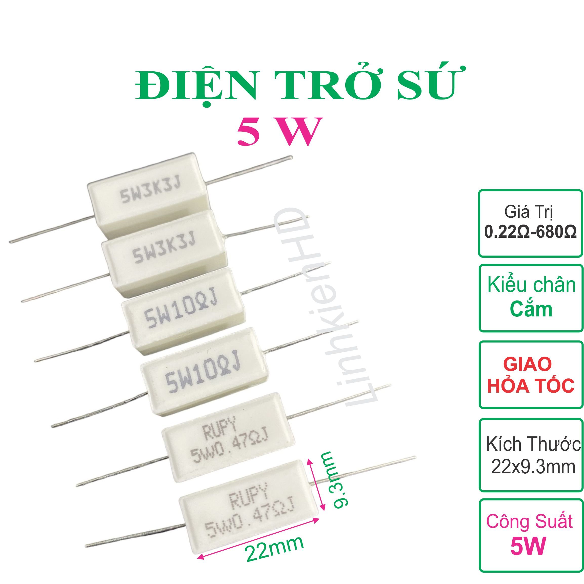 10 con Điện trở sứ trắng 5W chân cắm +-5% dáng nằm - Linh kiện HD (Mã SP: 4032_116313672)