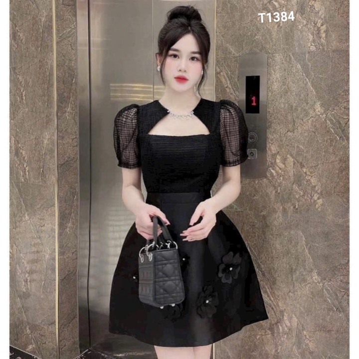 Đầm suông tapta phối vải vân mây kết cườm đá đính bông 2 màu y hình dự tiệc T1384 (Mã SP: T1384)