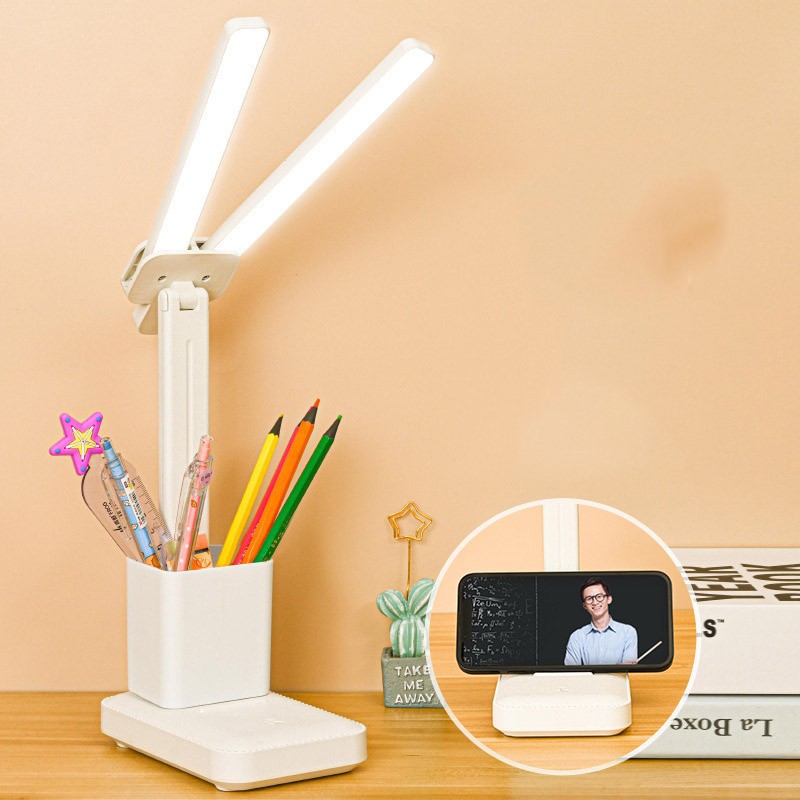 Đèn học chống cận với 2 bóng led đôi tích điện để bàn 3 chế độ sáng có kèm ống cắm bút (Mã SP: 78078078)