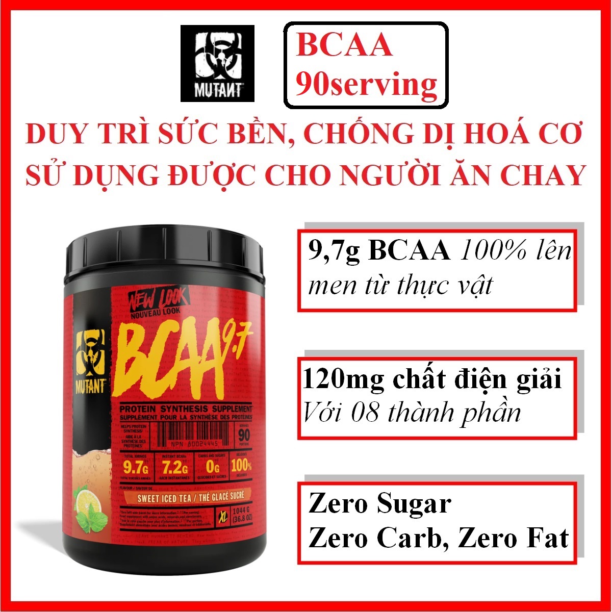 Mutant BCAA 90 lần dùng - Bổ sung acid amin cần thiết, chất điện giải, tăng sức bền, phục hồi Cơ, lên men từ thực vật, sử dụng được cho người ăn chay
