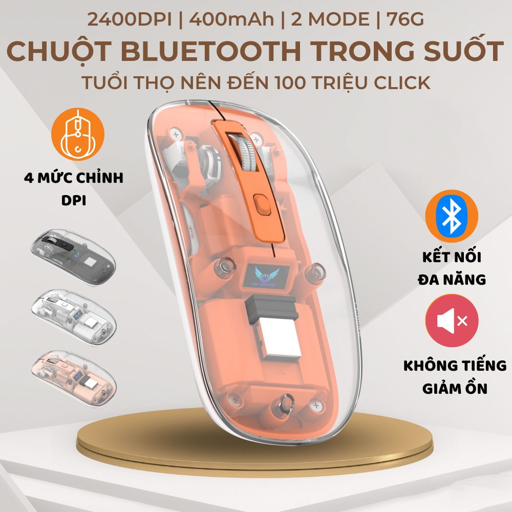 Chuột Không Dây Bluetooth 5.2 T7 Thiết Kế Trong Suốt Pin Tự Sạc Chuyên Dùng Cho Máy tính, Laptop, Phone, Tivi (Mã SP: 43xs)