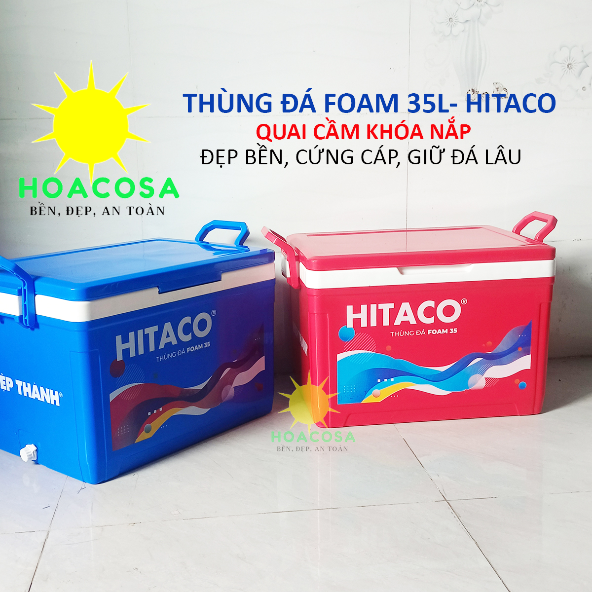 Thùng đá nhựa 35l foam hitaco hiệp thành có vòi xả,bền đẹp, giữ đá lâu- đồ gia dụng hoacosa
