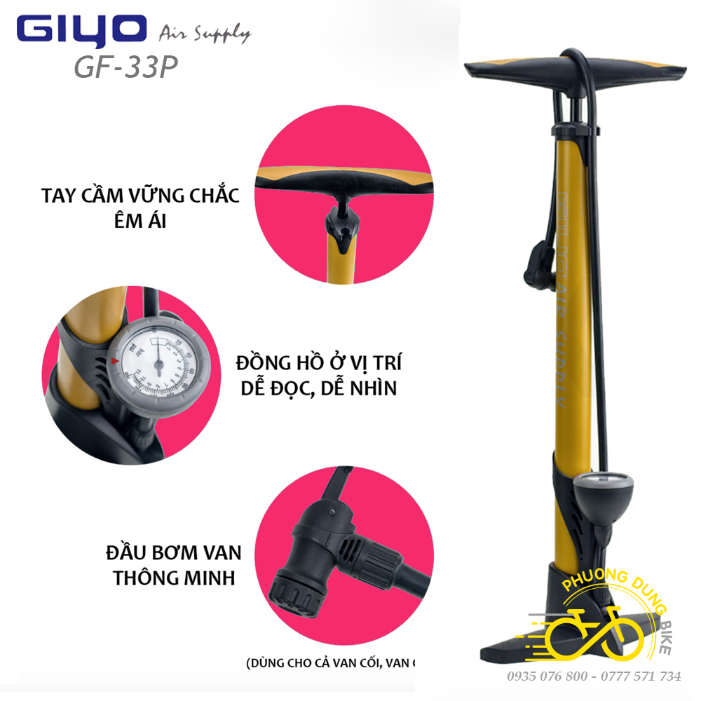 Bơm sàn xe đạp GIYO GF-33P (Thép) + Tặng đầu đổi van Pháp sang van Mỹ (Mã SP: PK-01886)