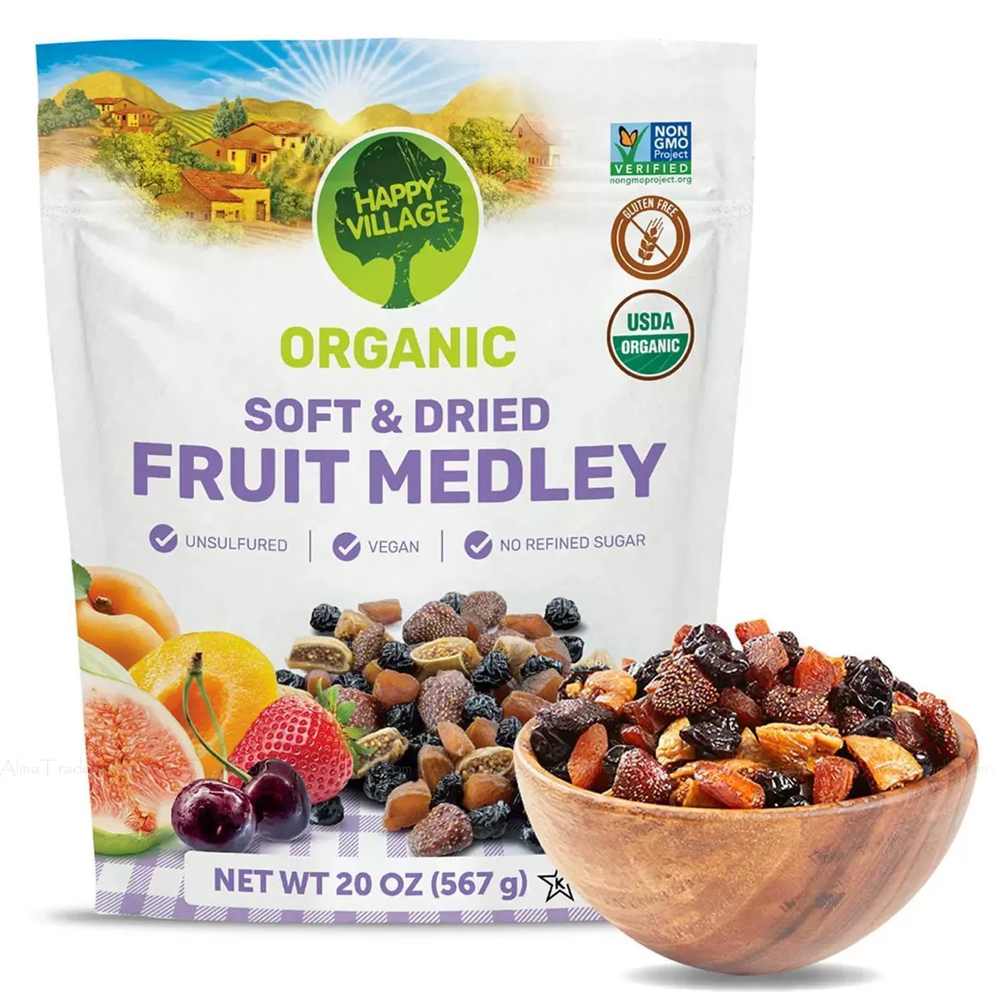 Hạt trái cây hữu cơ sấy Organic Soft & Dried Fruit Medly của Happy Village Mỹ gói 567gr gồm dâu tây, quả mơ, cherry, quả sung