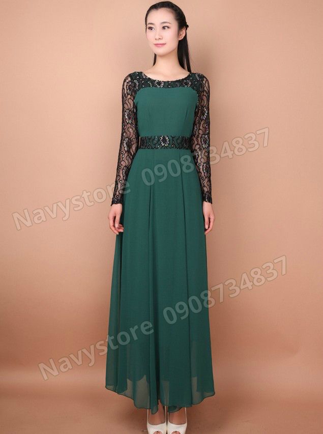 Đầm maxi voan phối ren tay dài - 1272943