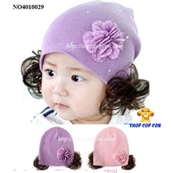 Nón len baby hoa chấm bi nhỏ kèm tóc xoăn giả 2 bên