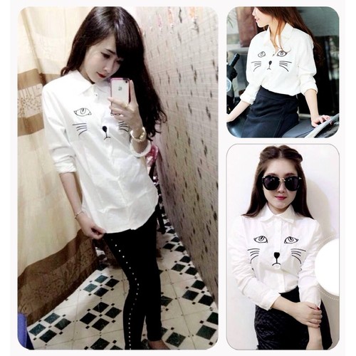 Sơ mi cổ peter thêu họa tiết mặt mèo