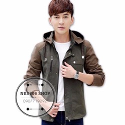 NK 0606 - ÁO KHOÁC KAKI NAM PHỐI MÀU CÓ MŨ - MÀU XANH RÊU - KK_54A