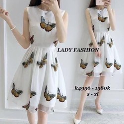HÀNG CAO CẤP LOẠI I - Đầm tùng xòe cổ tròn sát nách Họa Tiết Bướm