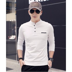 Ô ĐÂY RỒI - ÁO THUN CỔ TRỤ TAY DÀI PHỐI NÚT CAO CẤP - MÀU TRẮNG - D09