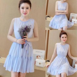 HÀNG CAO CẤP LOẠI I - Đầm tùng xòe voan cổ thắt bím sát nách lai bèo