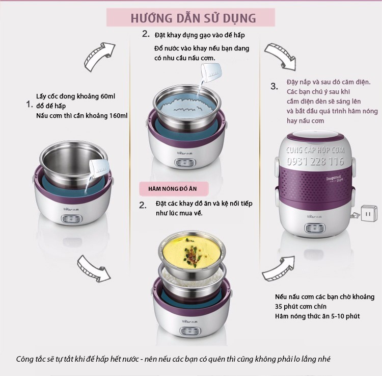 Hộp cơm cắm điện inox 3 ngăn hút chân không Bear DFH-S263 11