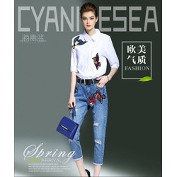 HÀNG CAO CẤP - SET ÁO SƠ MI + QUẦN JEAN THÊU HỌA TIẾT- 17219-H530