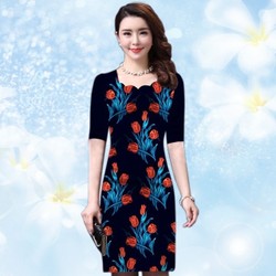 Đầm in 3D cổ răng cưa cách điêu hoa Tulip màu xanh đen có size XXXL
