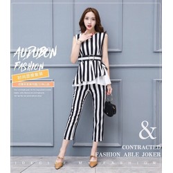 HÀNG NHẬP -SET BỘ ÁO SÁT NÁCH + QUẦN SỌC PHỐI VOAN KÈM NỊT- ST563-H315