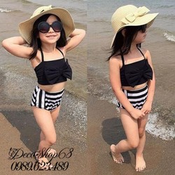 Đồ bơi bé gái từ 5-6 tuổi Áo nơ váy kẻ sọc đen trắng B10TrD-5-6