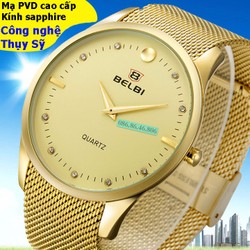 Đồng hồ kim cao cấp mạ PVD vàng mặt sapphire chống nước Thụy Sĩ