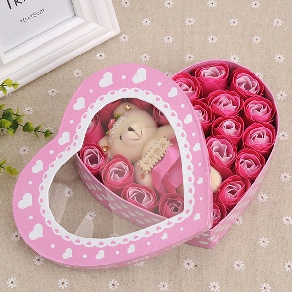 Bán sỉ hoa hồng sáp hộp trái tim 20 bông kèm gấu