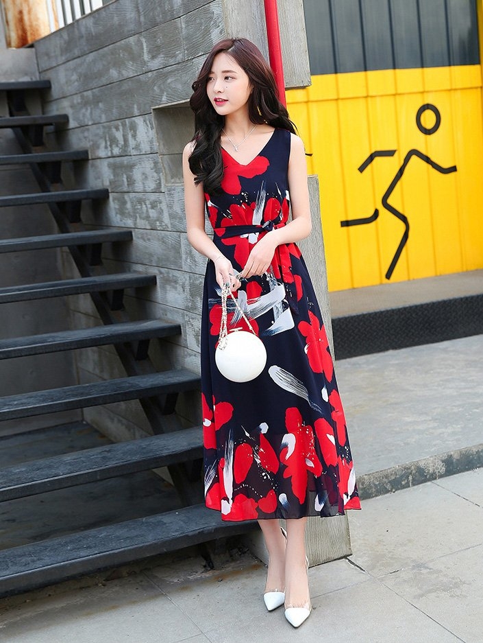 Đầm maxi hoa đỏ cao cấp D136