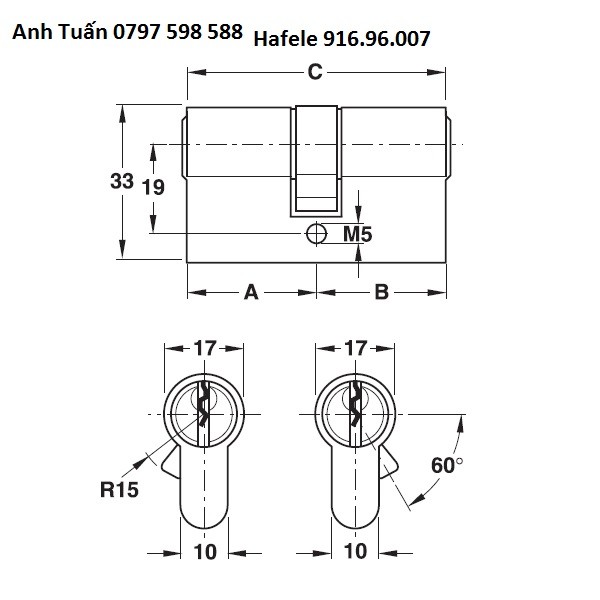 Ruột khóa Hafele 916.96.007