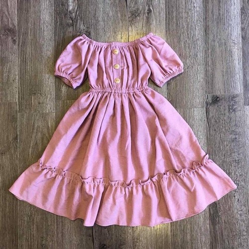 Đầm bé gái bẹt vai vintage, chất tơ đũi bé 8kg đến 32kg-Hồng Tím-Nhí