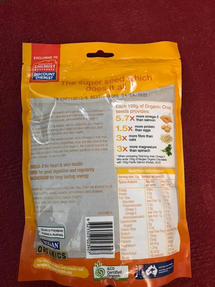 Hạt CHIA Bioglan 500g của Úc