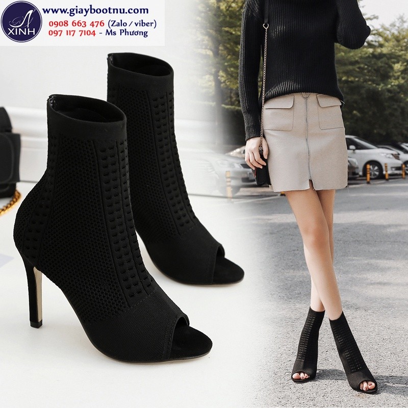 Giày boot nữ hở mũi cao gót chất len ôm chân GBN18801