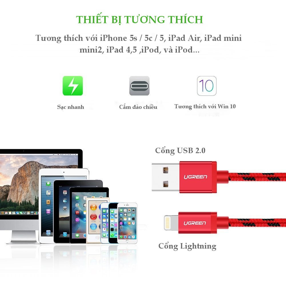 Cáp sạc USB Lightning 1m Ugreen UG-40479 cho iPhone 5/6/7 Plus, iPad