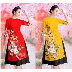 ÁO DÀI GẤM IN HOA ĐÀO VÀ CHÂN VÁY XÒE