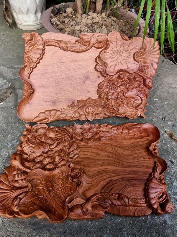 Khay Trà Gỗ Hương họa tiết hoa sen K-jE3